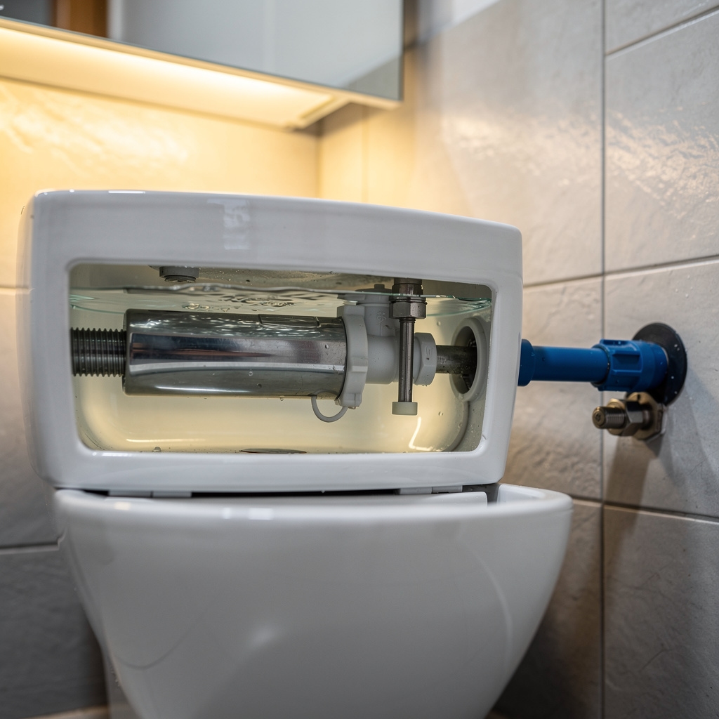 Instalación de cisterna de inodoro conectada a red de agua de lluvia reutilizada