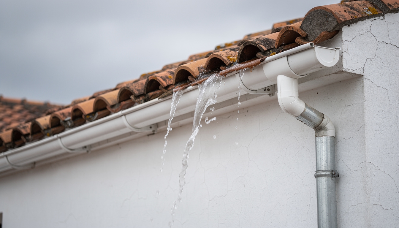 Canalones en tejado de teja cerámica para la recogida de agua de lluvia en España